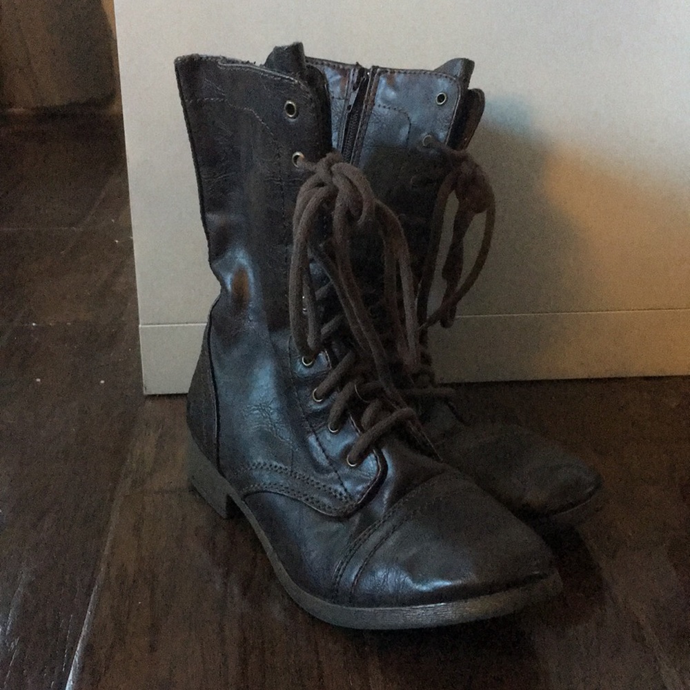 Brown leather combat boots